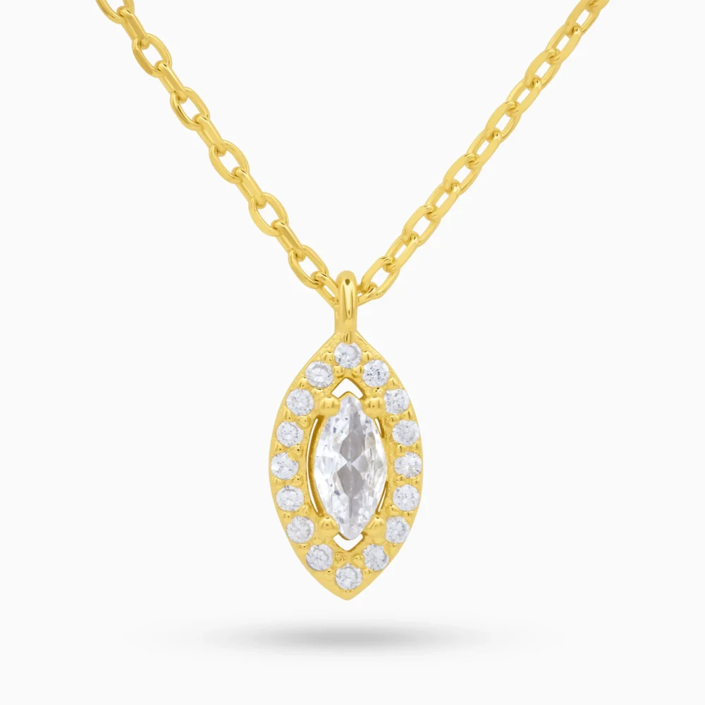 Colier auriu din argint si pandantiv cu pietre cubic zirconia, design elegant Marquise, vedere frontala