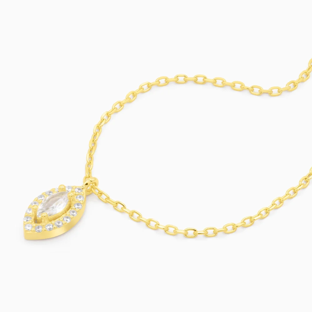 Colier auriu din argint si pandantiv cu pietre cubic zirconia, design elegant Marquise, vedere laterala