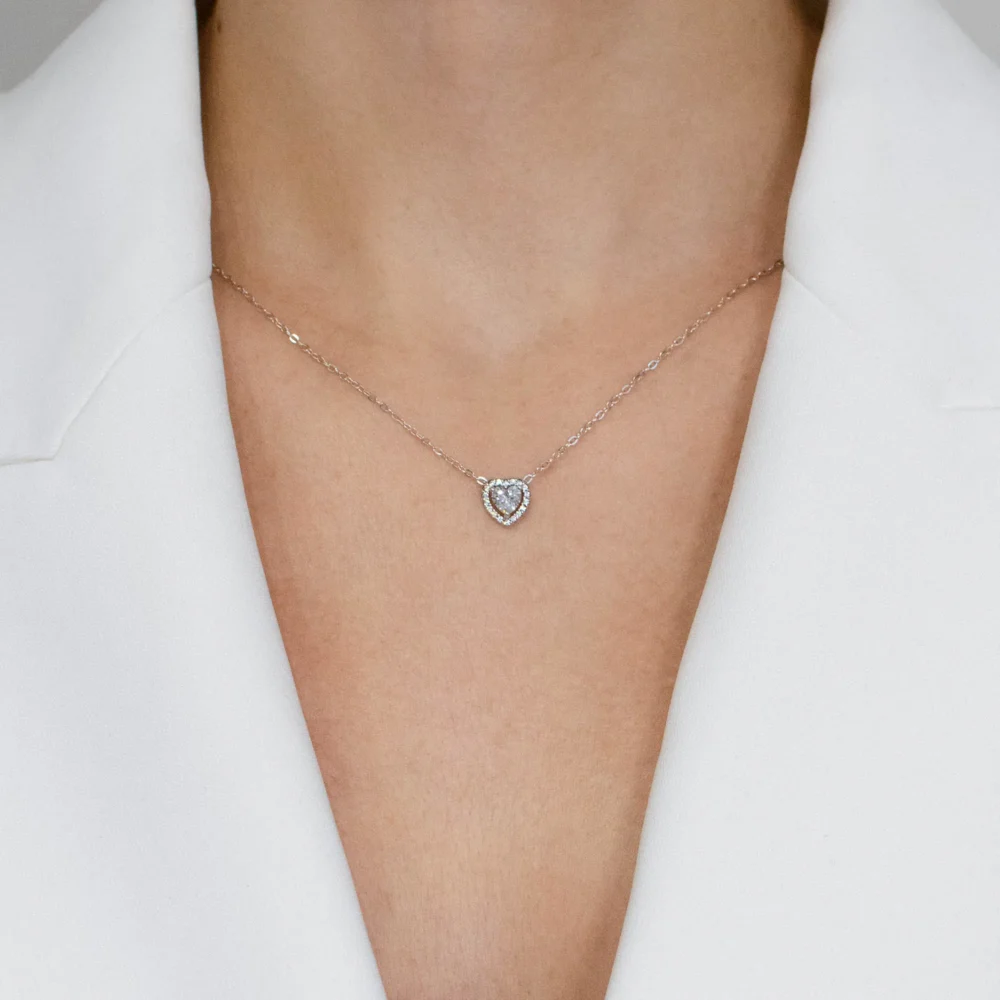 Lant argint pandantiv inima cubic zirconia Brilliant heart purtat la gat