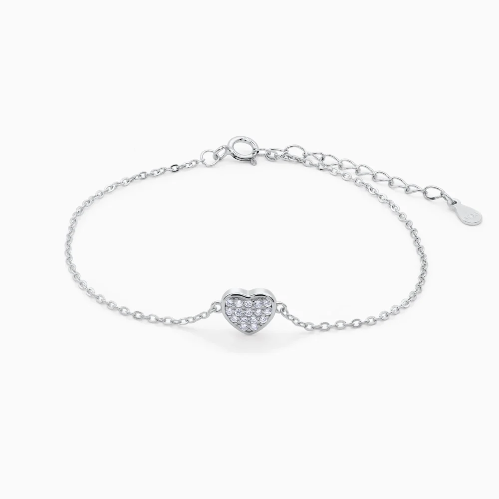 bratara din argint cu charm inima, cu pietre cubic zirconia, vedere frontala, design elegant Shining heart