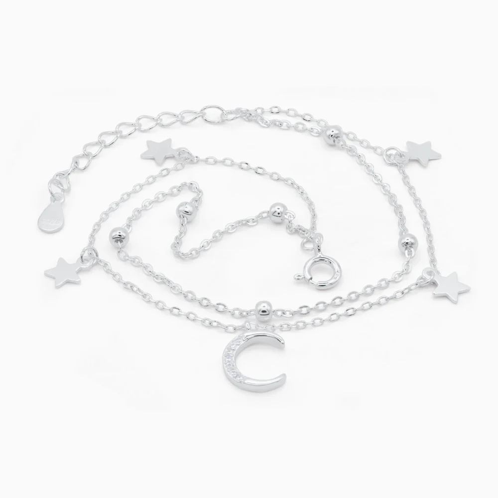 bratara dubla din argint cu stele, luna si pietre cubic zirconia, Starry Night Delight, vedere completa