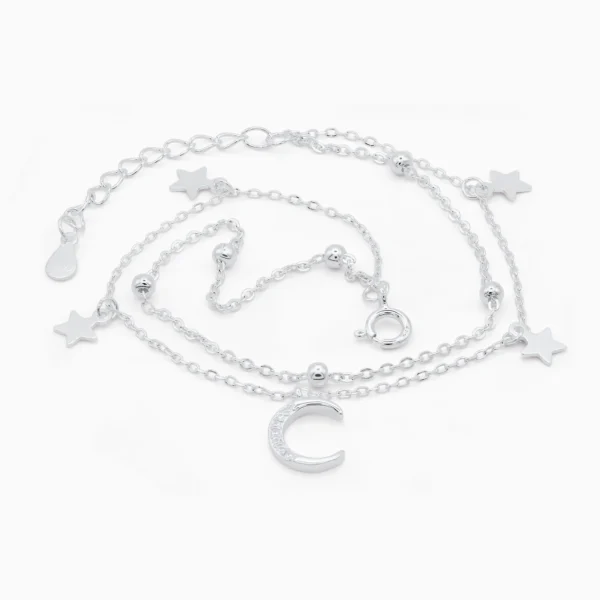 bratara dubla din argint cu stele, luna si pietre cubic zirconia, Starry Night Delight, vedere completa