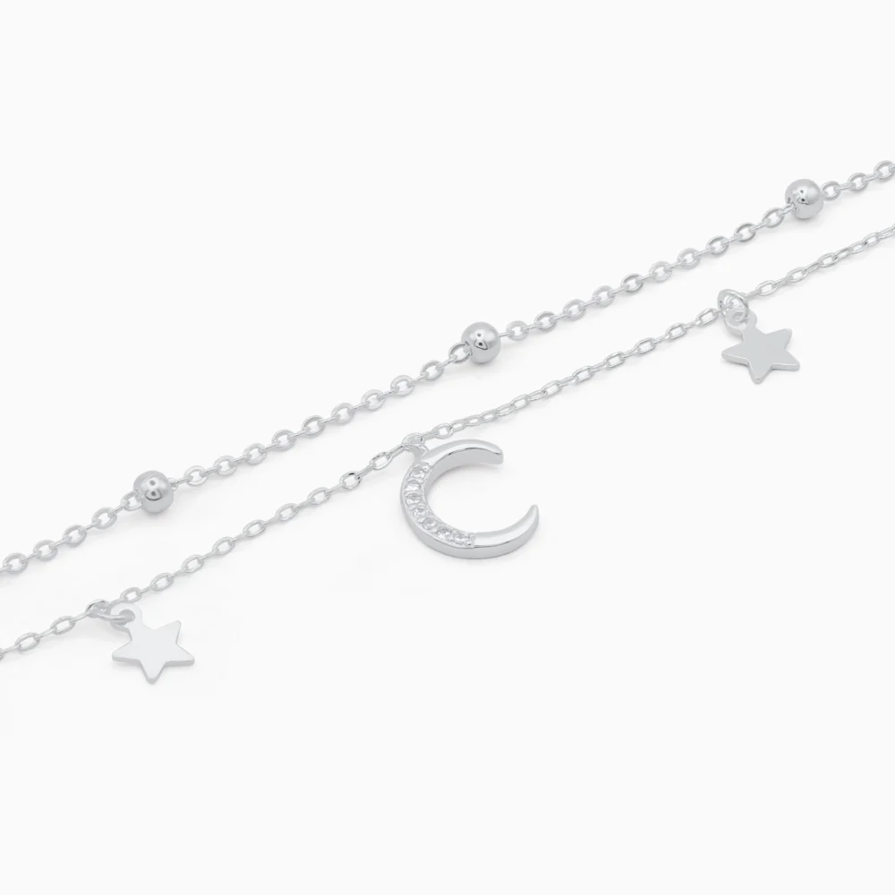 bratara dubla din argint cu stele, luna si pietre cubic zirconia, Starry Night Delight, vedere detaliata
