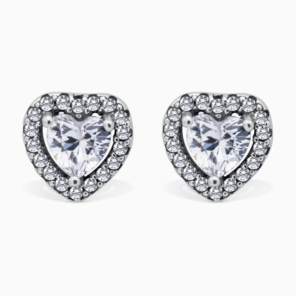 Cercei din argint in forma de inima cu pietre cubic zirconia, model Endless Love, vedere frontala
