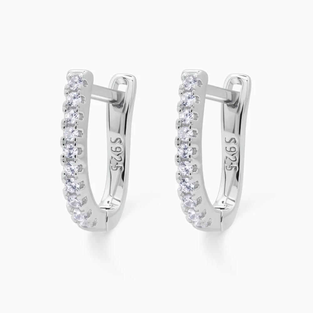 Cercei din argint cu cubic zirconia, design forma U, Geometric U-Shape, vedere frontala