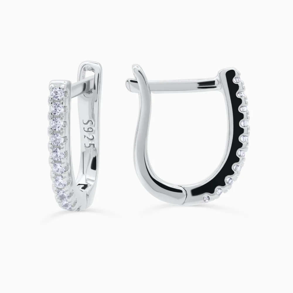 Cercei din argint cu cubic zirconia, design forma U, Geometric U-Shape, vedere laterala