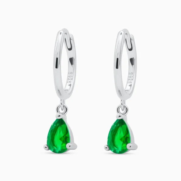 Cercei rotunzi din argint, cu pietre cubic zirconia verzi in forma de picatura de apa, Stylish Water Drop, vedere frontala