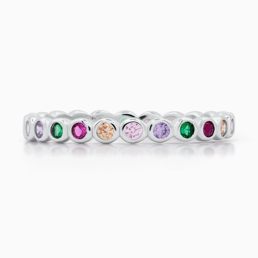 Inel din argint colorful dots, cu pietre cubic zirconia colorate, fotografiat din unghi de baza
