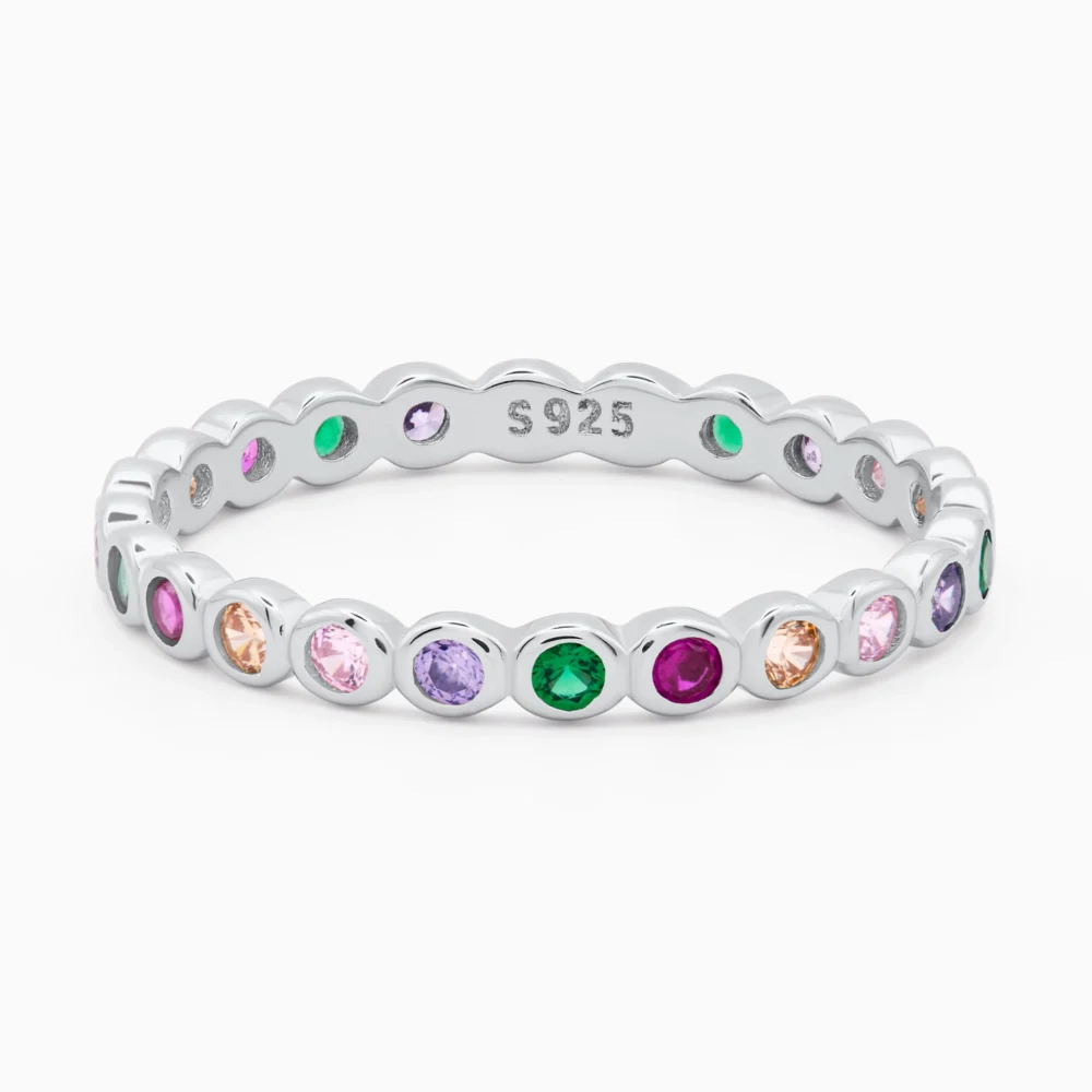 Inel din argint colorful dots, cu pietre cubic zirconia colorate, design elegant, fotografiat din fata