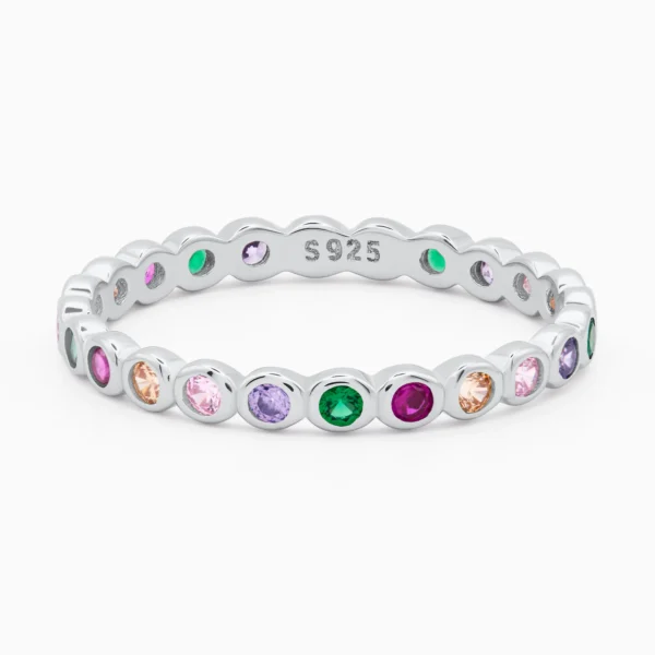 Inel din argint colorful dots, cu pietre cubic zirconia colorate, design elegant, fotografiat din fata