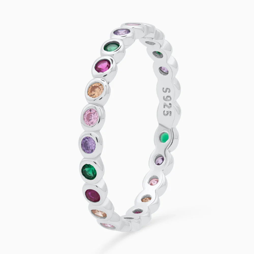 Inel din argint colorful dots, cu pietre cubic zirconia colorate, design elegant, fotografiat din lateral