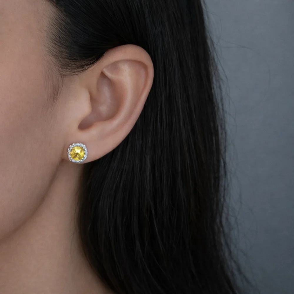 Cercei argint piatra galbena Yellow Radiance purtati pe ureche