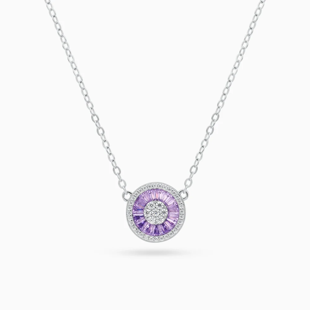 Colier din argint cu pietre cubic zirconia mov și montură rotundă – Purple Spark
