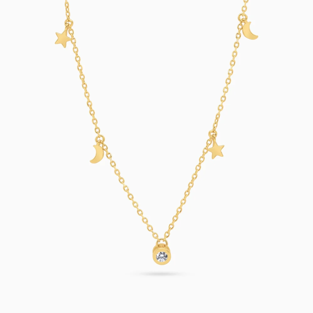 Colier argint placat aur luna stele night sky vedere frontala