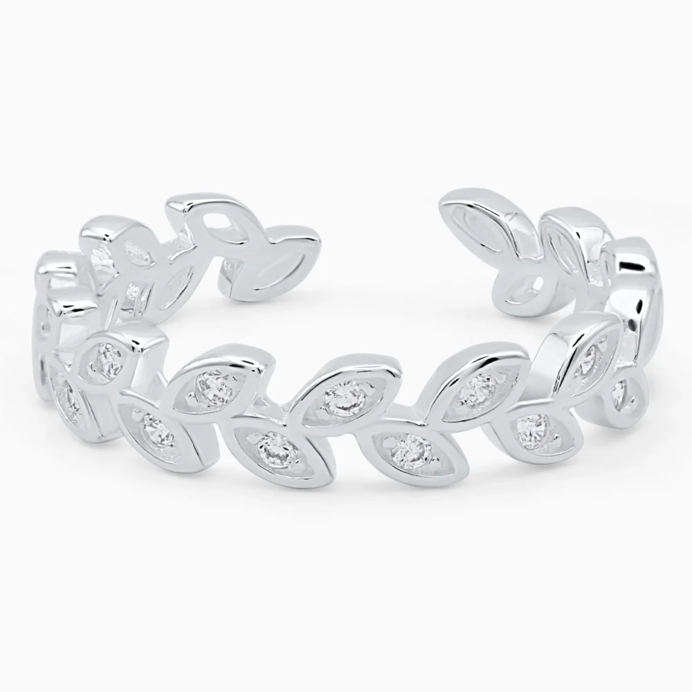 Inel din argint Leaf Elegance decorat cu frunze și pietre cubic zirconia, vedere frontală