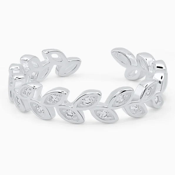 Inel din argint Leaf Elegance decorat cu frunze și pietre cubic zirconia, vedere frontală