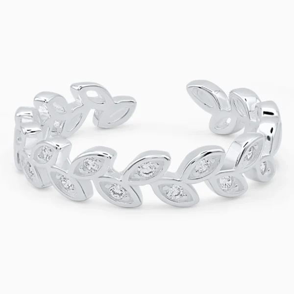 Inel din argint Leaf Elegance decorat cu frunze și pietre cubic zirconia, vedere frontală