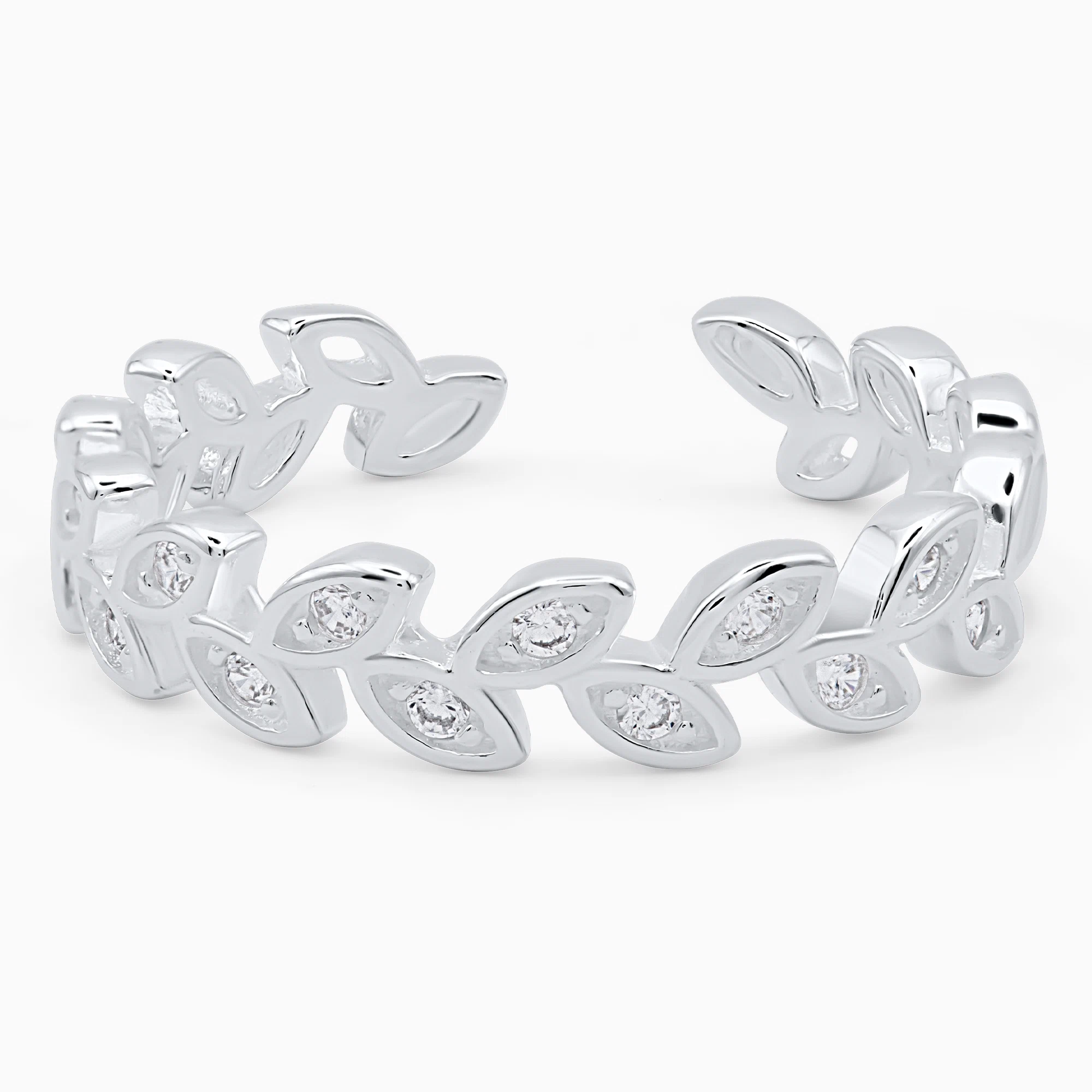 Inel-argint-frunze-pietre-cubic-zirconia-Leaf-Elegance-vedere-frontala Inel din argint Leaf Elegance decorat cu frunze și pietre cubic zirconia, vedere frontală