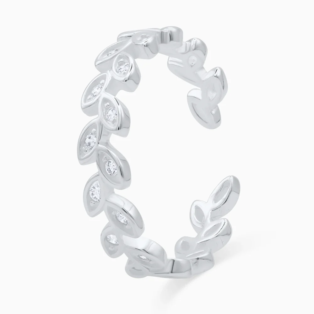 Inel din argint Leaf Elegance decorat cu frunze și pietre cubic zirconia, vedere unghi