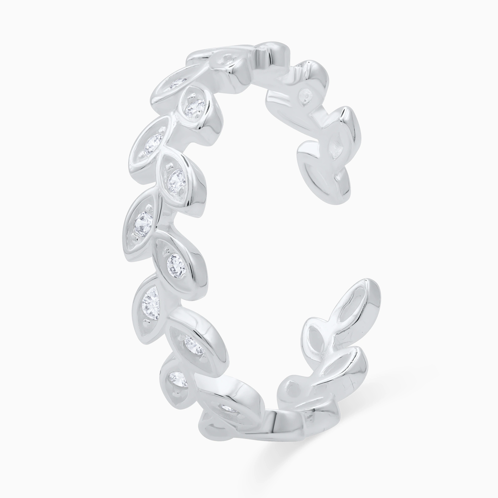 Inel-argint-frunze-pietre-cubic-zirconia-Leaf-Elegance-vedere-unghi Inel din argint Leaf Elegance decorat cu frunze și pietre cubic zirconia, vedere unghi