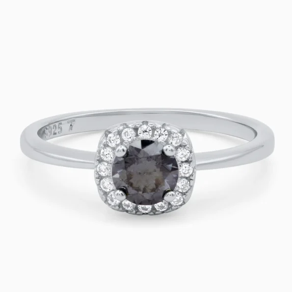 Inel argint moissanite gri Elegant Grey Halo vedere frontala