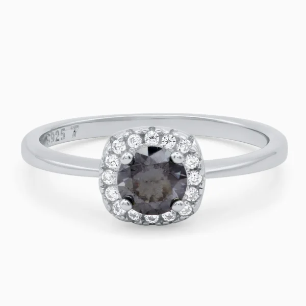 Inel argint moissanite gri Elegant Grey Halo vedere frontala