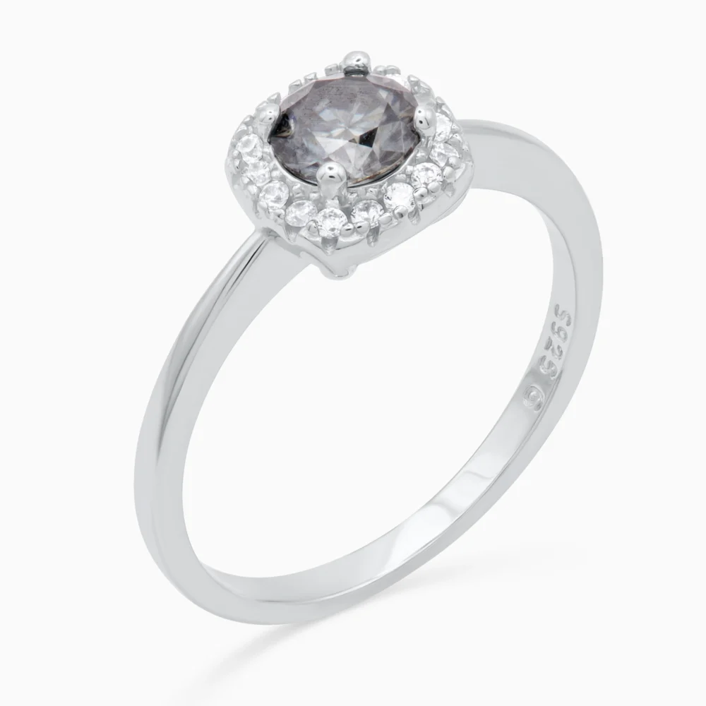Inel argint moissanite gri Elegant Grey Halo vedere laterala