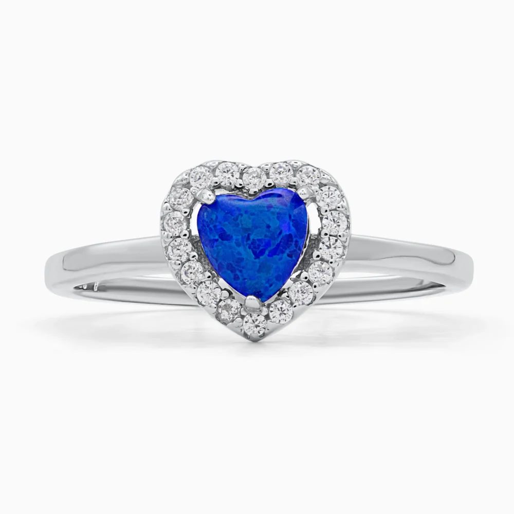 Inel din argint Blue Opal Heart decorat cu opal albastru și cubic zirconia, detaliu pietre
