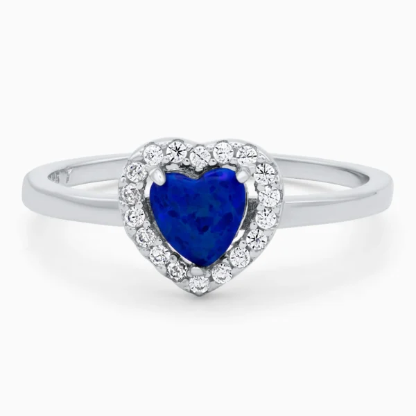 Inel din argint Blue Opal Heart decorat cu opal albastru și cubic zirconia, vedere frontală