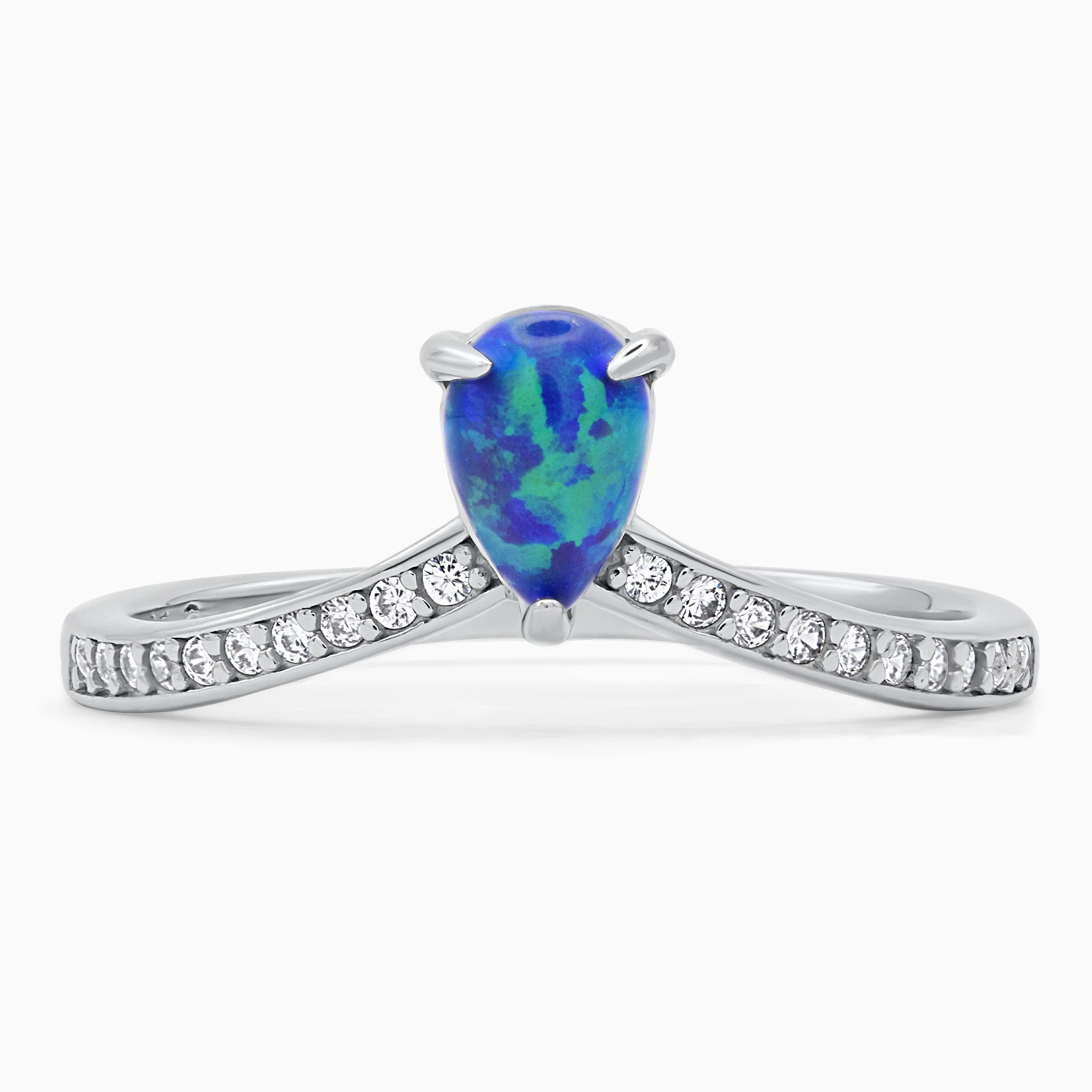 Inel-argint-opal-albastrul-cerului-detaliu-piatra Inel din argint Albastrul cerului decorat cu opal și pietre cubic zirconia, detaliu pietre