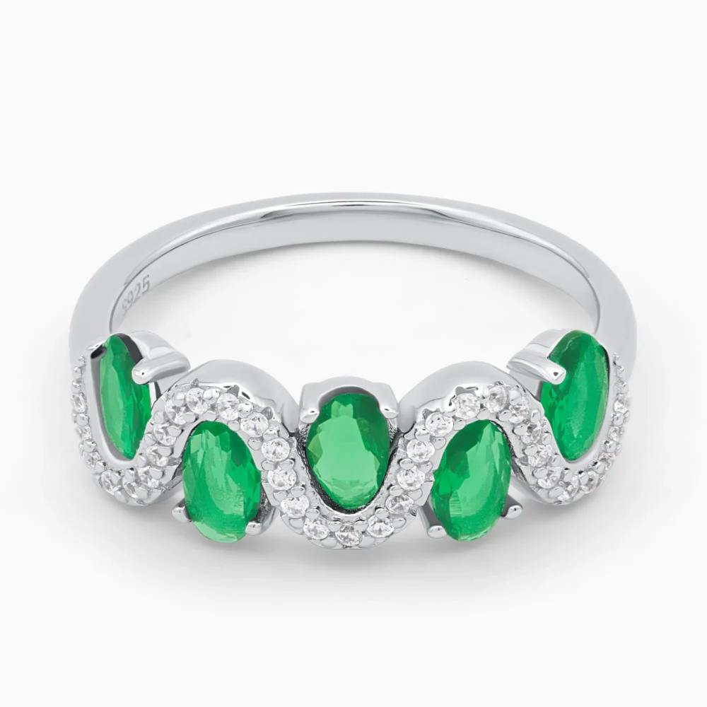Inel din argint Green Harmony decorat cu pietre cubic zirconia verzi, vedere frontală