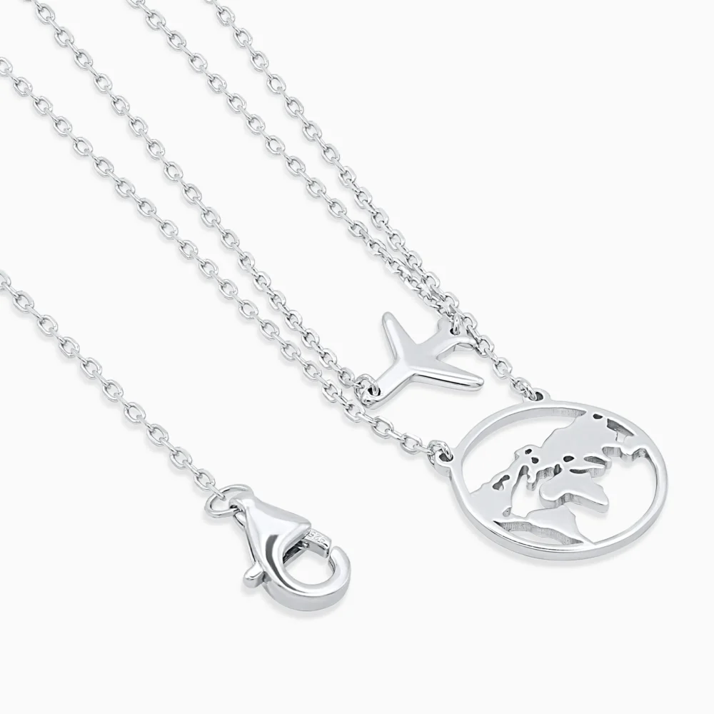 colier argint pandantiv avion harta cubic zirconia travel spirit detaliu inchidere