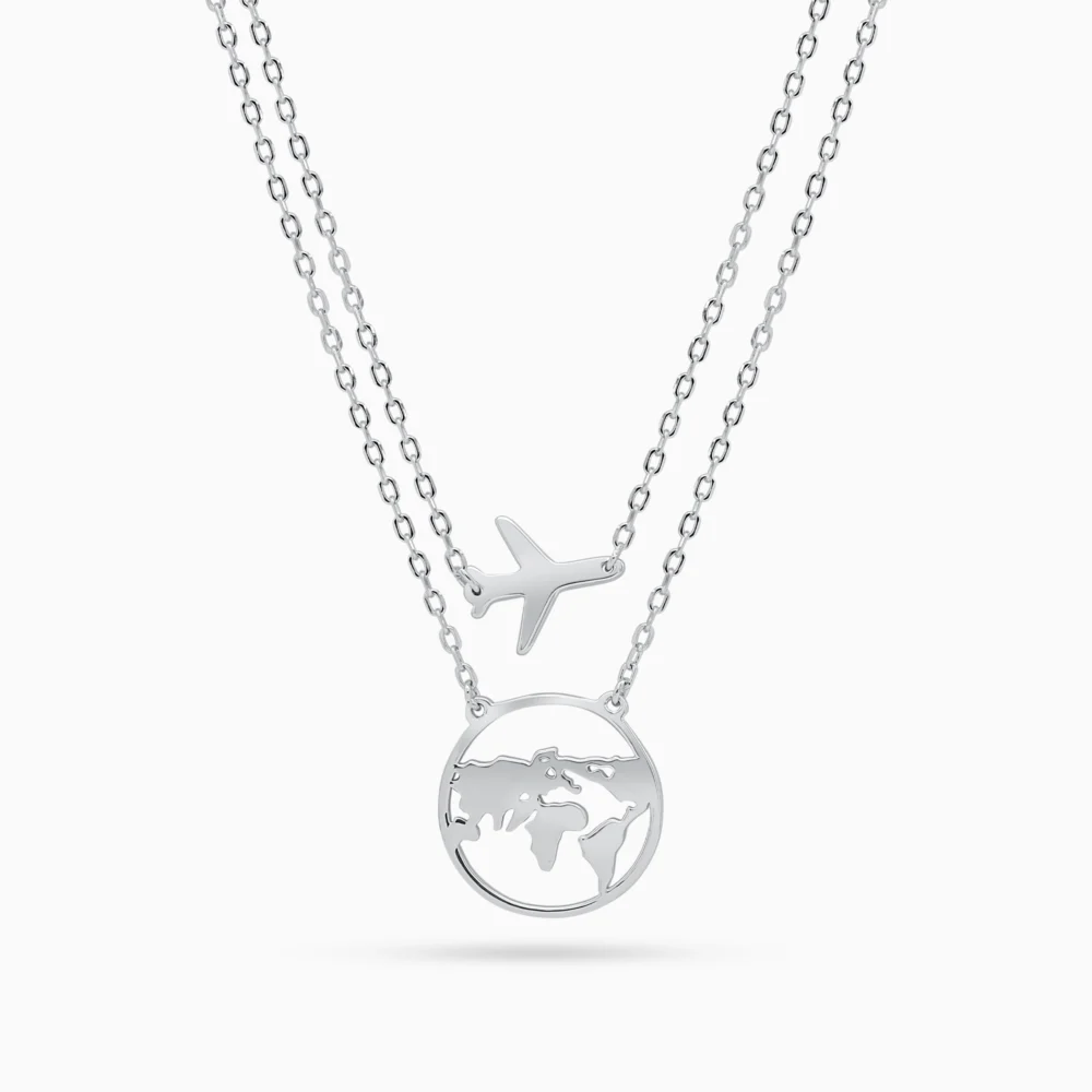 colier argint pandantiv avion harta cubic zirconia travel spirit vedere frontala