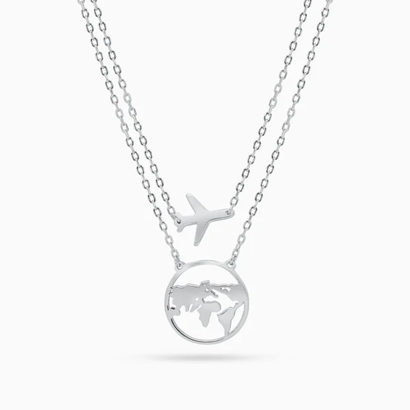colier argint pandantiv avion harta cubic zirconia travel spirit vedere frontala