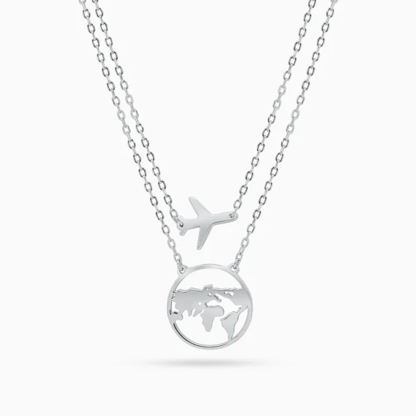 colier argint pandantiv avion harta cubic zirconia travel spirit vedere frontala