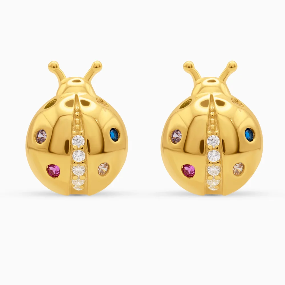 Cercei buburuză din argint placat cu aur de 18K și cubic zirconia colorate – Lucky Ladybug