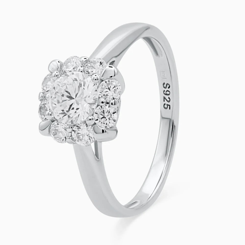 Inel elegant din argint Pure Elegance cu design floral și cubic zirconia, vedere unghi