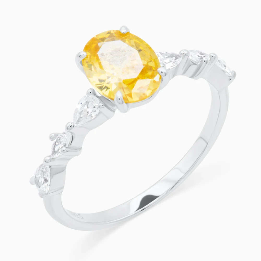 Inel din argint Solar Kiss cu piatră cubic zirconia galbenă, vedere laterală