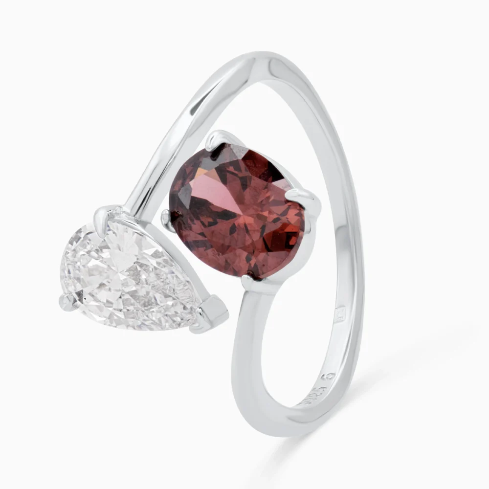 Inel elegant din argint Double Spark cu două pietre cubic zirconia, vedere unghi