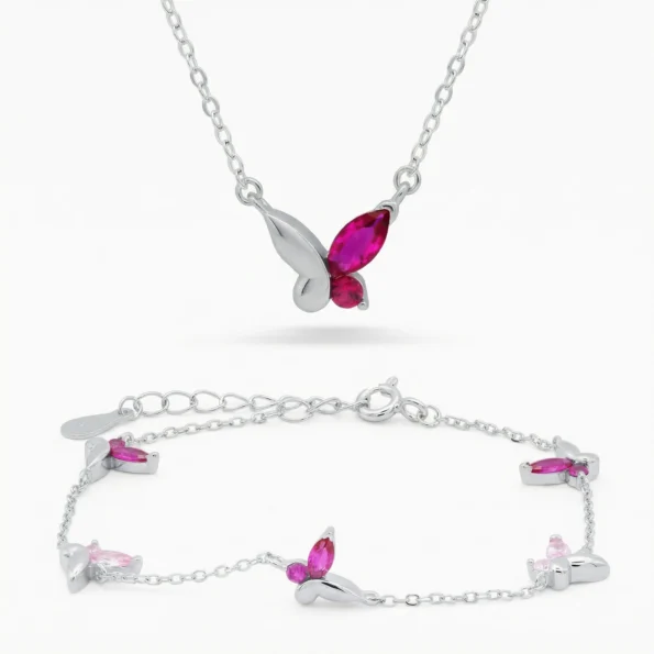 Set brățară și colier din argint cu pietre roz – Blossom Touch