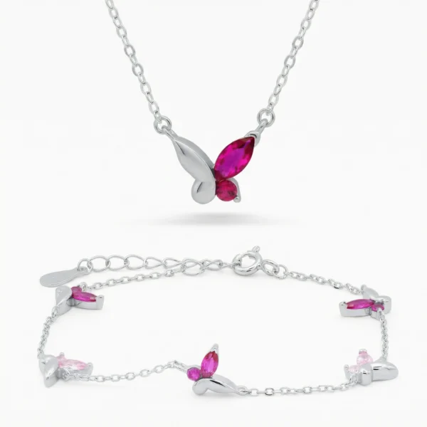 Set brățară și colier din argint cu pietre roz – Blossom Touch