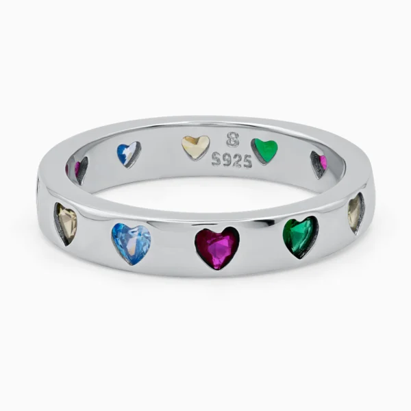 Inel din argint Hearts in Bloom decorat cu pietre colorate în formă de inimă dispuse de jur împrejurul inelului