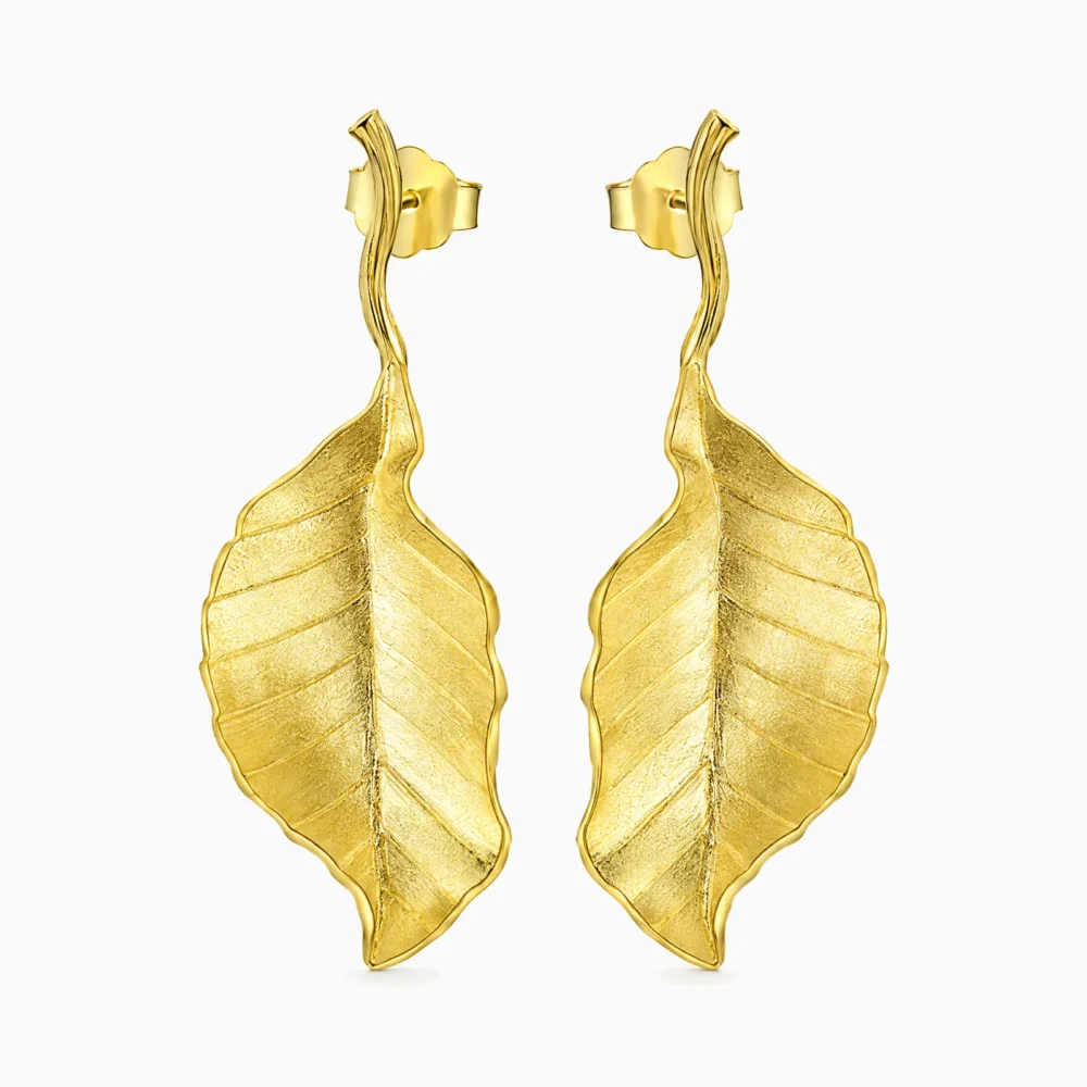 Cercei din argint placați cu aur de 18K, cu frunze de toamnă – Autumn Ember, vedere frontală