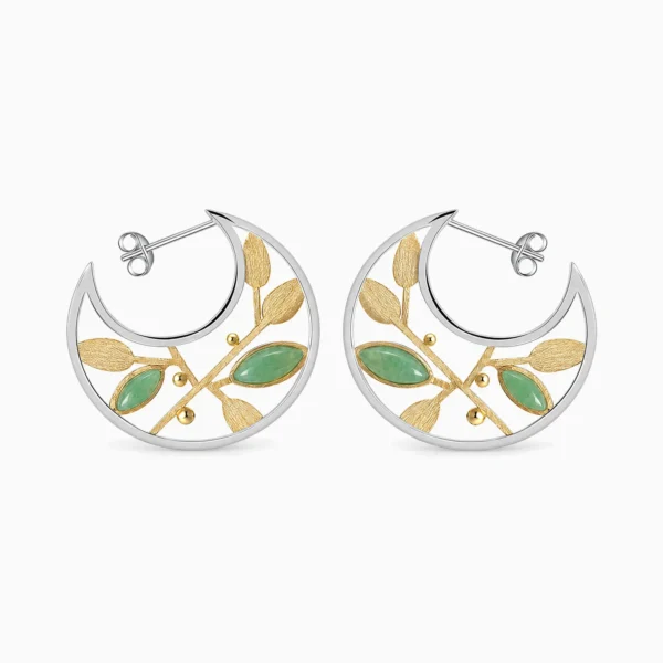 Cercei din argint cu frunze din aventurin verde și frunze placate cu aur de 18K – Spring Sprout
