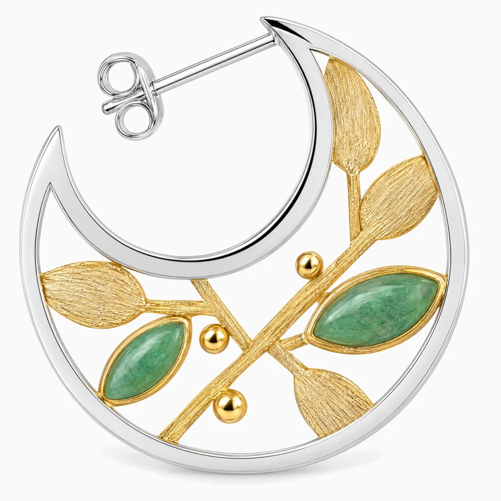 Cercei din argint cu frunze din aventurin verde și frunze placate cu aur de 18K – Spring Sprout, prim-plan