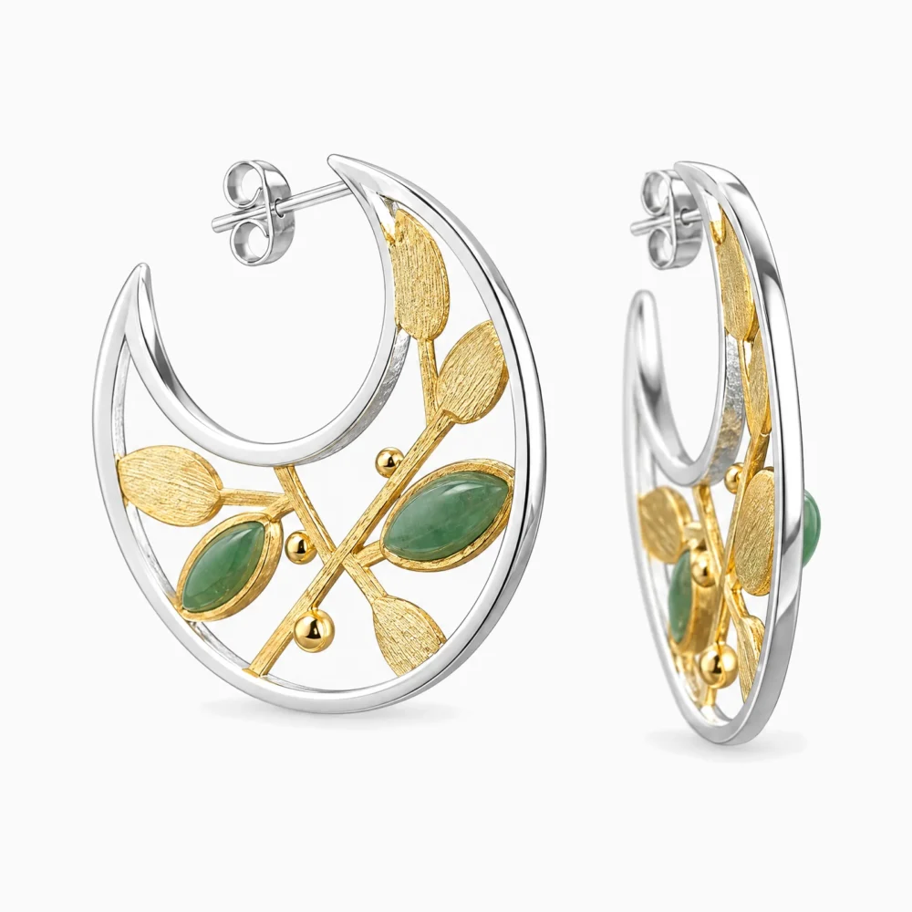 Cercei din argint cu frunze din aventurin verde și frunze placate cu aur de 18K – Spring Sprout, vedere laterală