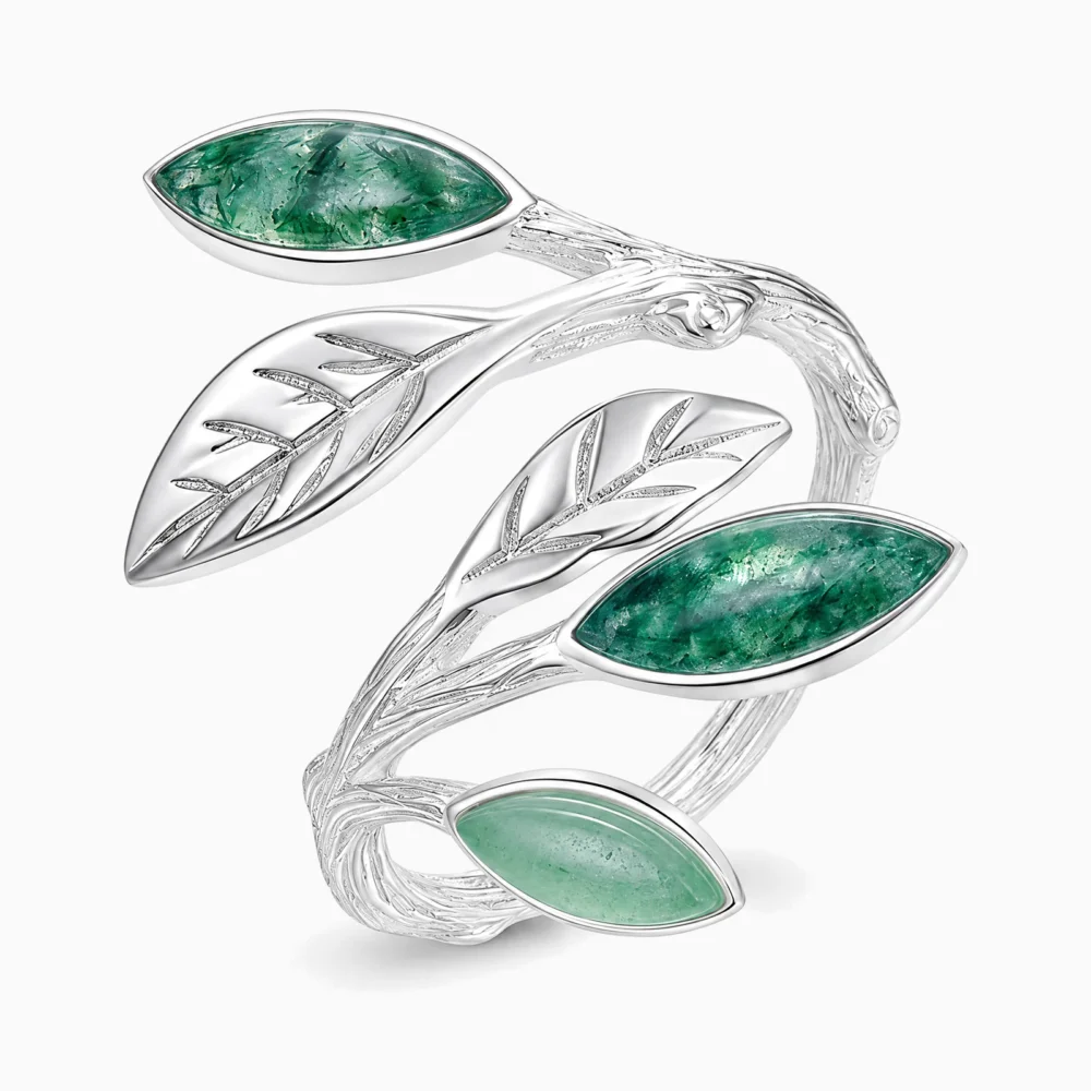 Inel reglabil din argint cu frunze din aventurin verde – Verdant Vine, vedere frontală