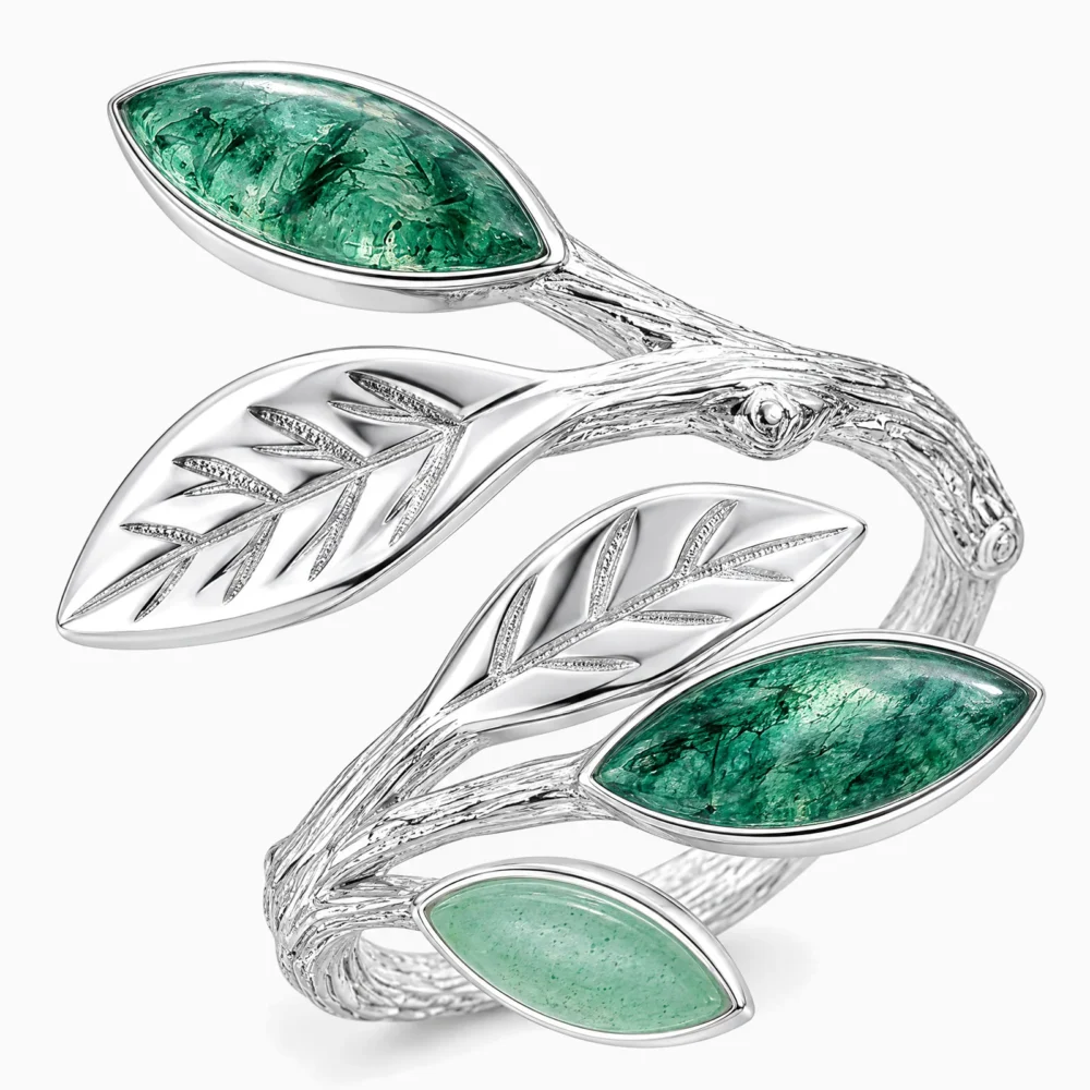 Inel reglabil din argint cu frunze din aventurin verde – Verdant Vine, prim-plan
